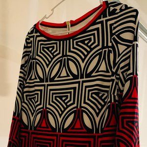 ELIZA J BLACK, WHITE AND RED GEOMETRIC DESIGN DRESS